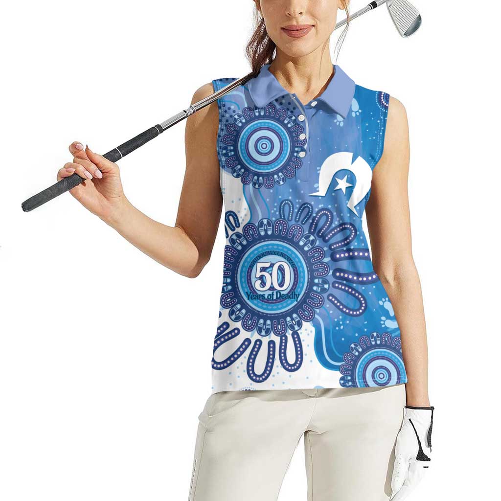 NAIDOC Week 2026 Women Sleeveless Polo Shirt 50 Years Deadly Dhari Blue Aboriginal Art