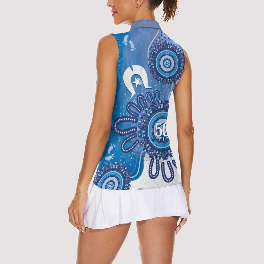 NAIDOC Week 2026 Women Sleeveless Polo Shirt 50 Years Deadly Dhari Blue Aboriginal Art