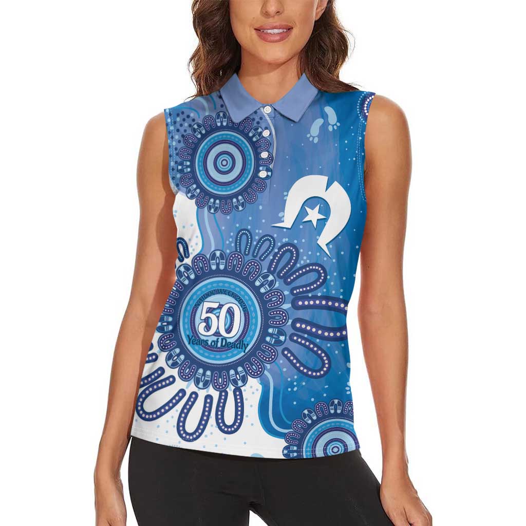 NAIDOC Week 2026 Women Sleeveless Polo Shirt 50 Years Deadly Dhari Blue Aboriginal Art