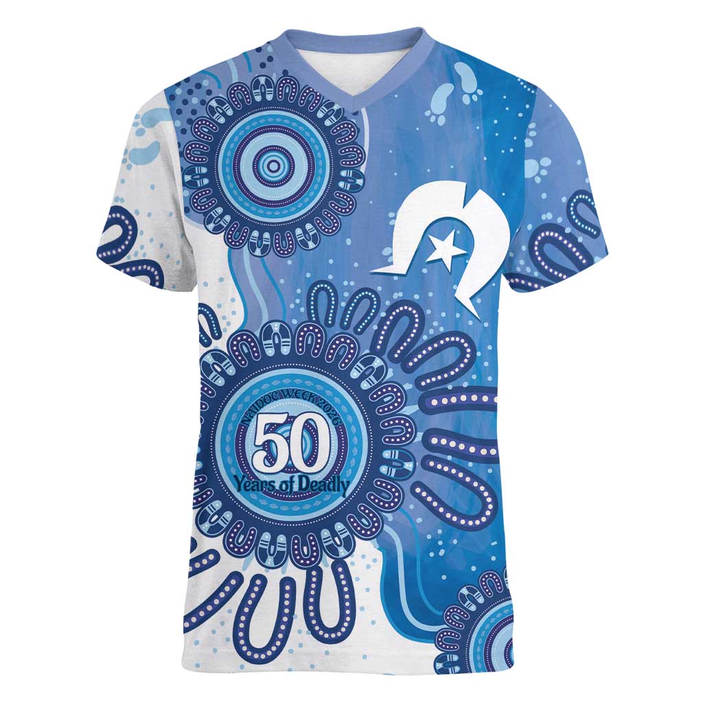 NAIDOC Week 2026 Women V-Neck T-Shirt 50 Years Deadly Dhari Blue Aboriginal Art