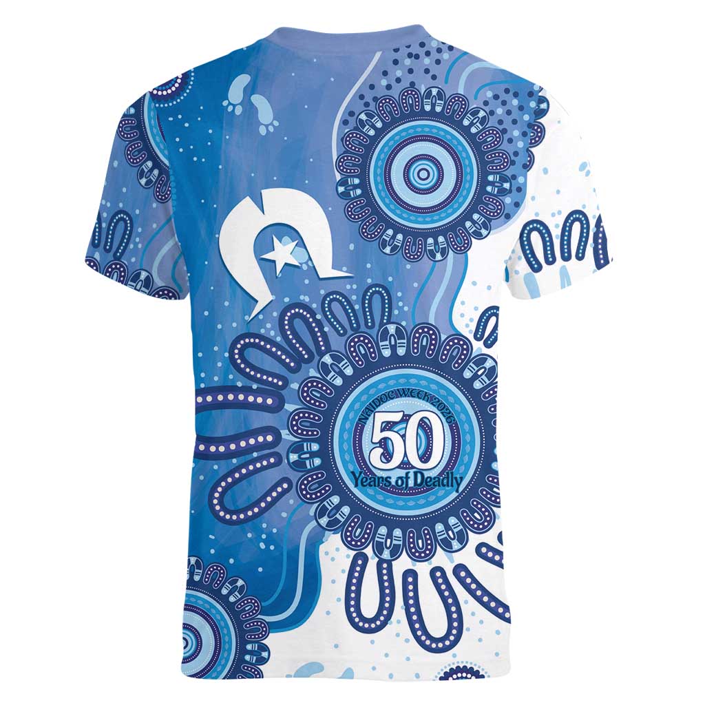 NAIDOC Week 2026 Women V-Neck T-Shirt 50 Years Deadly Dhari Blue Aboriginal Art