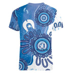 NAIDOC Week 2026 Women V-Neck T-Shirt 50 Years Deadly Dhari Blue Aboriginal Art