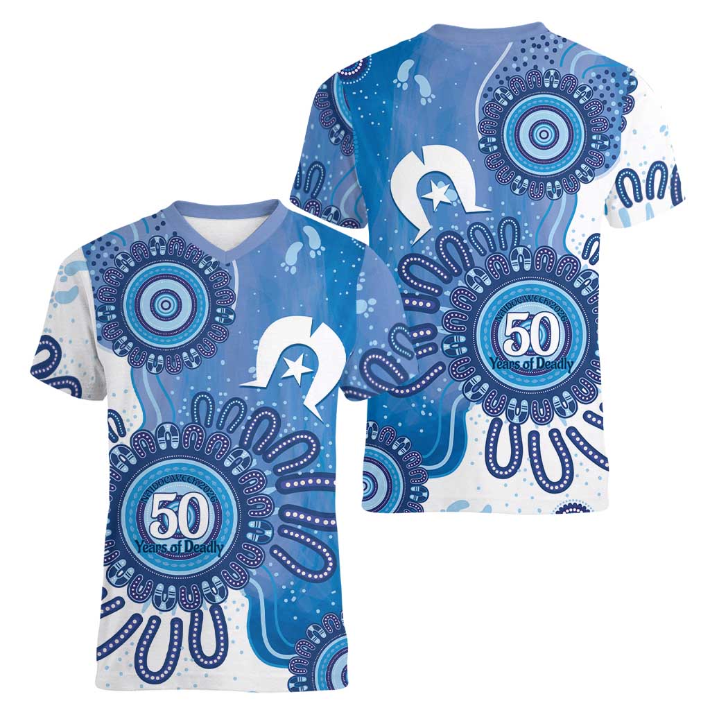 NAIDOC Week 2026 Women V-Neck T-Shirt 50 Years Deadly Dhari Blue Aboriginal Art