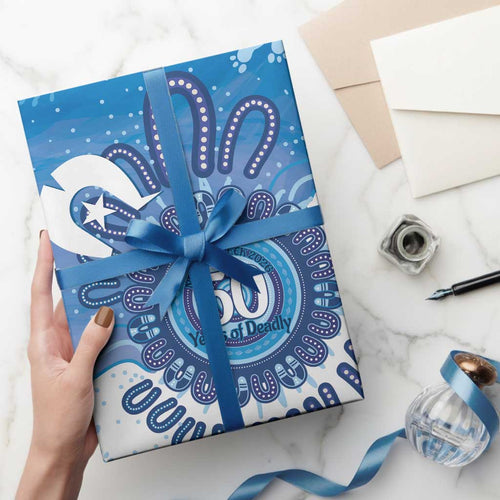NAIDOC Week 2026 Wrapping Paper 50 Years Deadly Dhari Blue Aboriginal Art