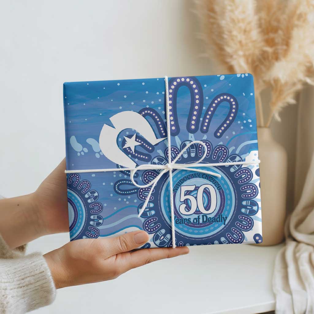 NAIDOC Week 2026 Wrapping Paper 50 Years Deadly Dhari Blue Aboriginal Art
