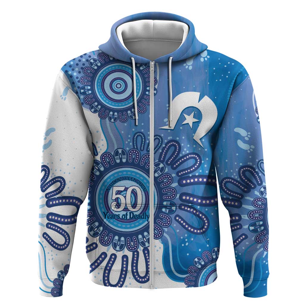 NAIDOC Week 2026 Zip Hoodie 50 Years Deadly Dhari Blue Aboriginal Art