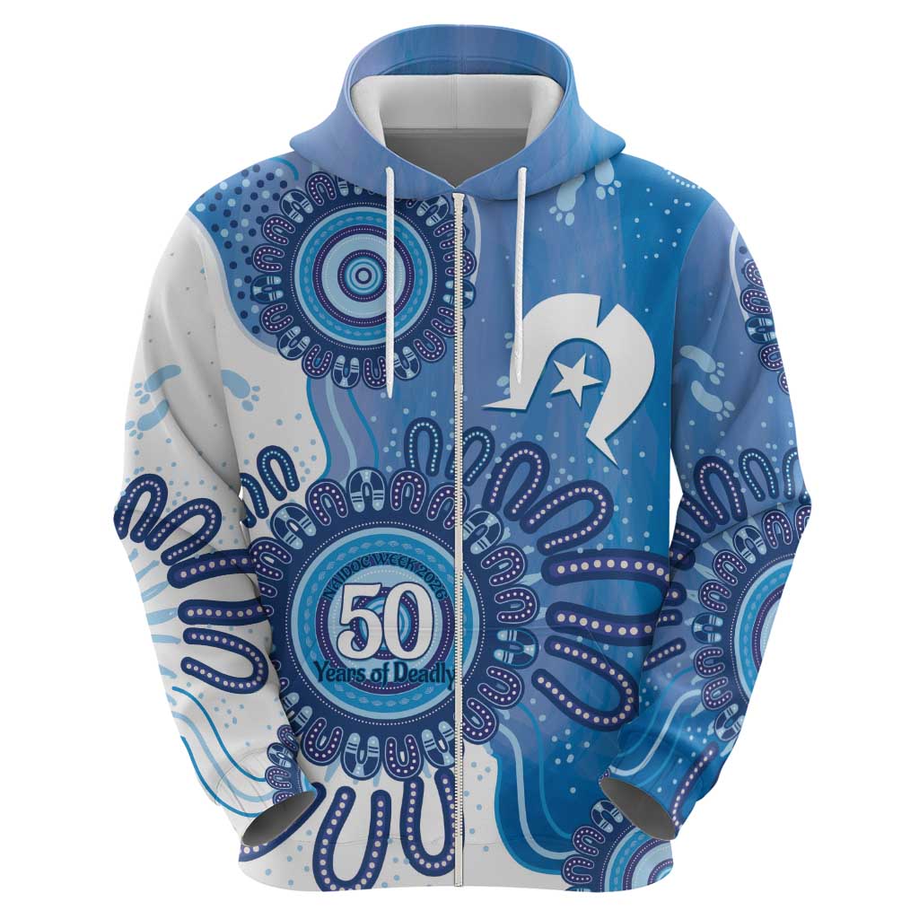 NAIDOC Week 2026 Zip Hoodie 50 Years Deadly Dhari Blue Aboriginal Art