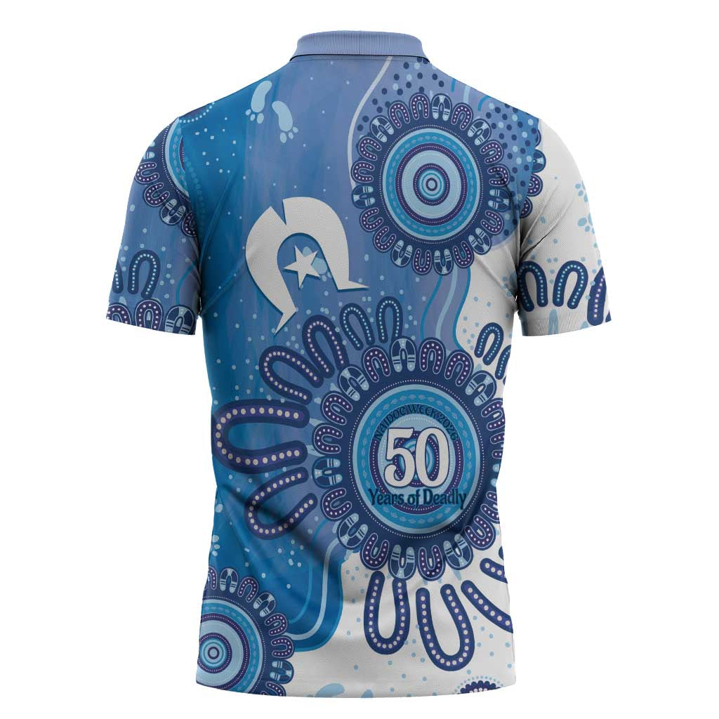 NAIDOC Week 2026 Zipper Polo Shirt 50 Years Deadly Dhari Blue Aboriginal Art