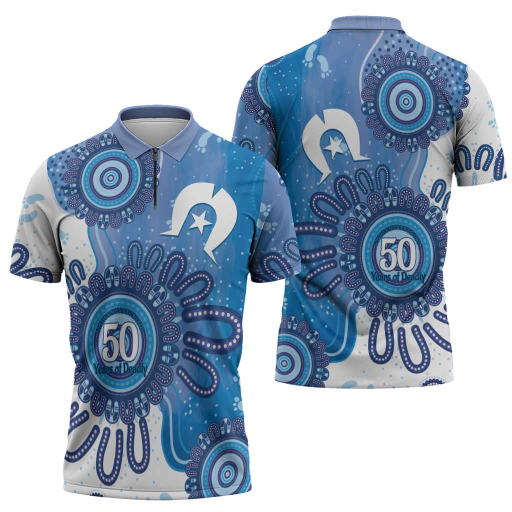 NAIDOC Week 2026 Zipper Polo Shirt 50 Years Deadly Dhari Blue Aboriginal Art
