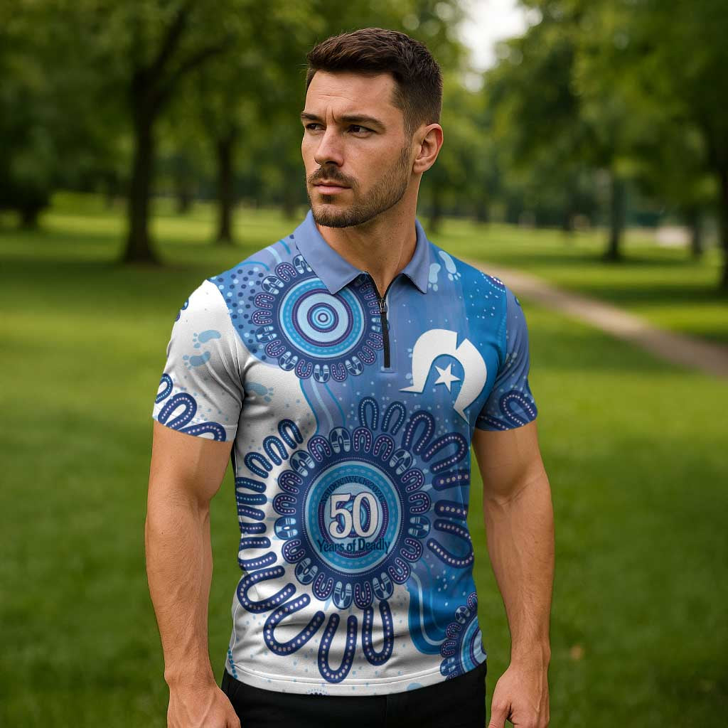 NAIDOC Week 2026 Zipper Polo Shirt 50 Years Deadly Dhari Blue Aboriginal Art