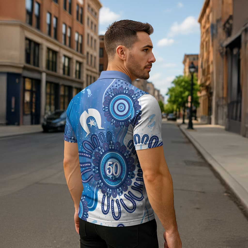 NAIDOC Week 2026 Zipper Polo Shirt 50 Years Deadly Dhari Blue Aboriginal Art