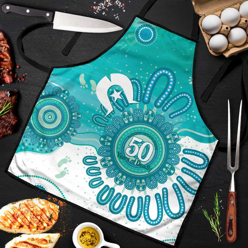 NAIDOC Week 2026 Apron 50 Years Deadly Dhari Cyan Aboriginal Art
