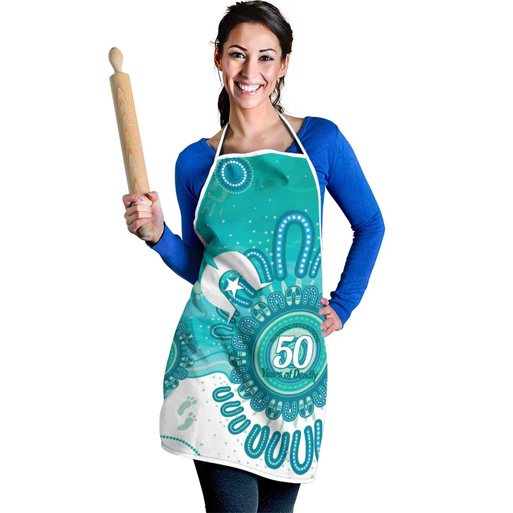 NAIDOC Week 2026 Apron 50 Years Deadly Dhari Cyan Aboriginal Art