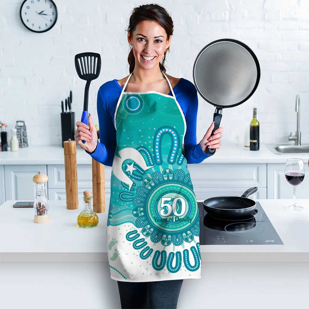 NAIDOC Week 2026 Apron 50 Years Deadly Dhari Cyan Aboriginal Art