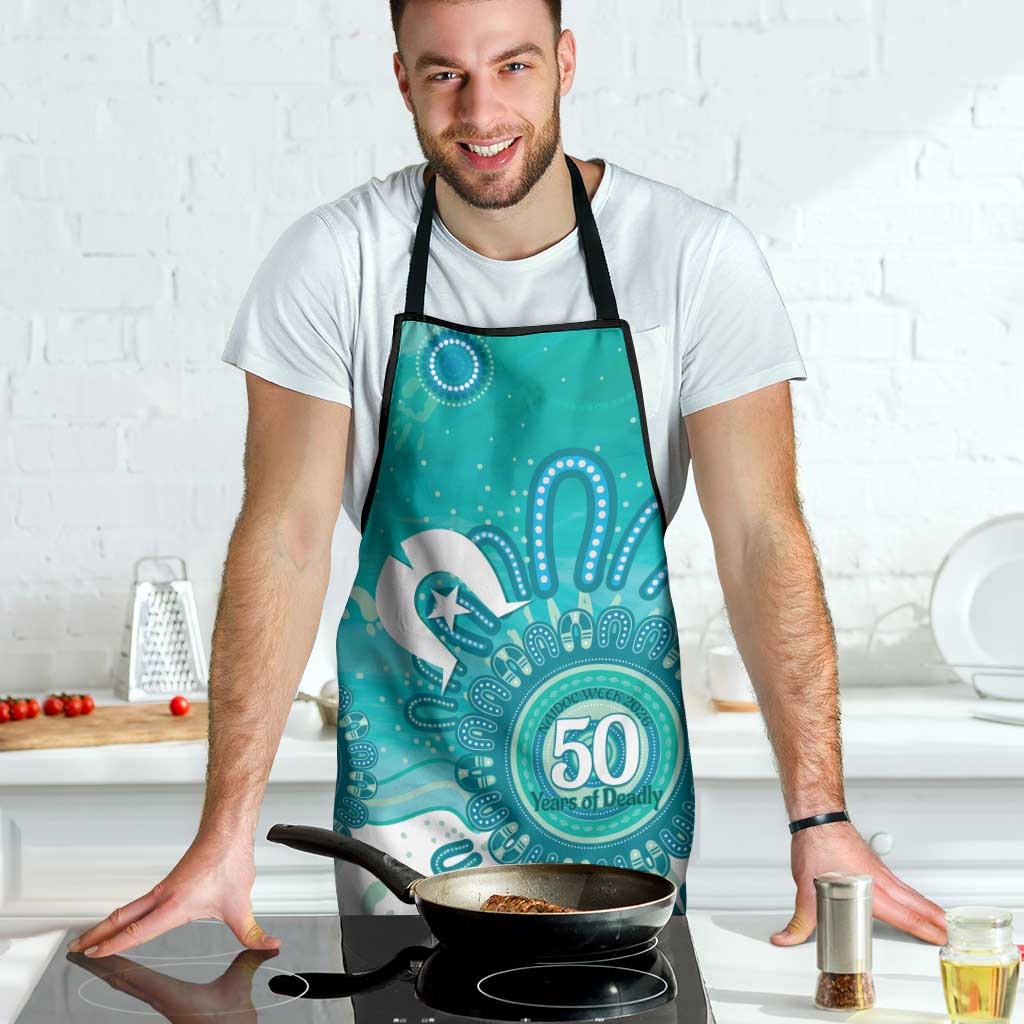 NAIDOC Week 2026 Apron 50 Years Deadly Dhari Cyan Aboriginal Art