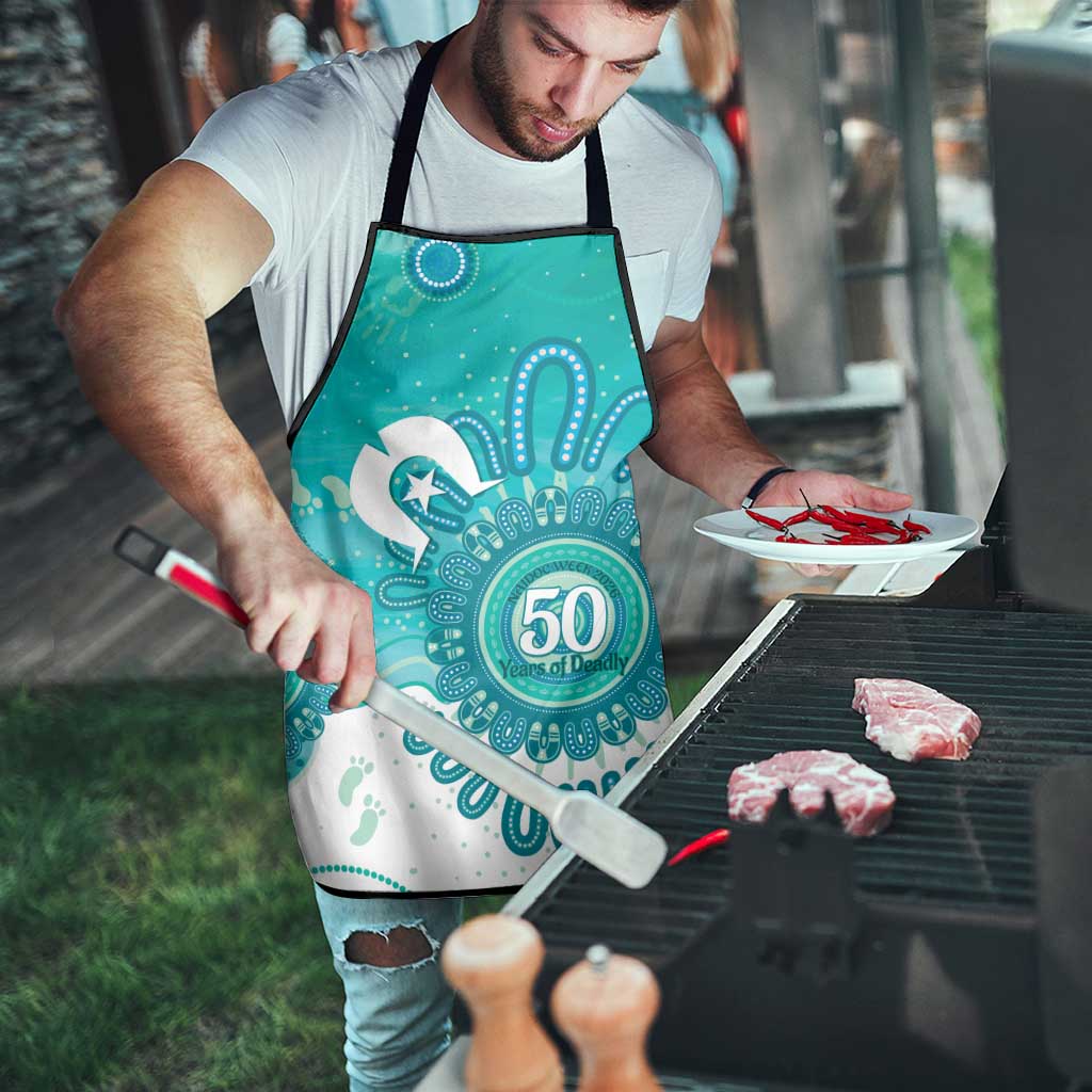 NAIDOC Week 2026 Apron 50 Years Deadly Dhari Cyan Aboriginal Art