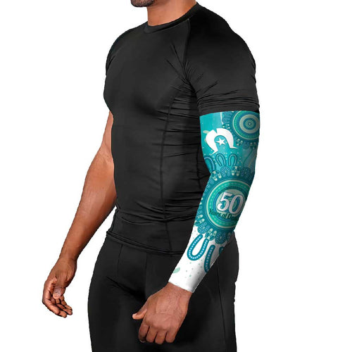 NAIDOC Week 2026 Arm Sleeves 50 Years Deadly Dhari Cyan Aboriginal Art