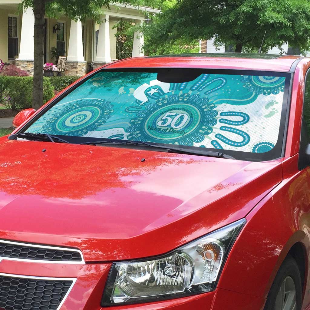 NAIDOC Week 2026 Auto Sun Shade 50 Years Deadly Dhari Cyan Aboriginal Art
