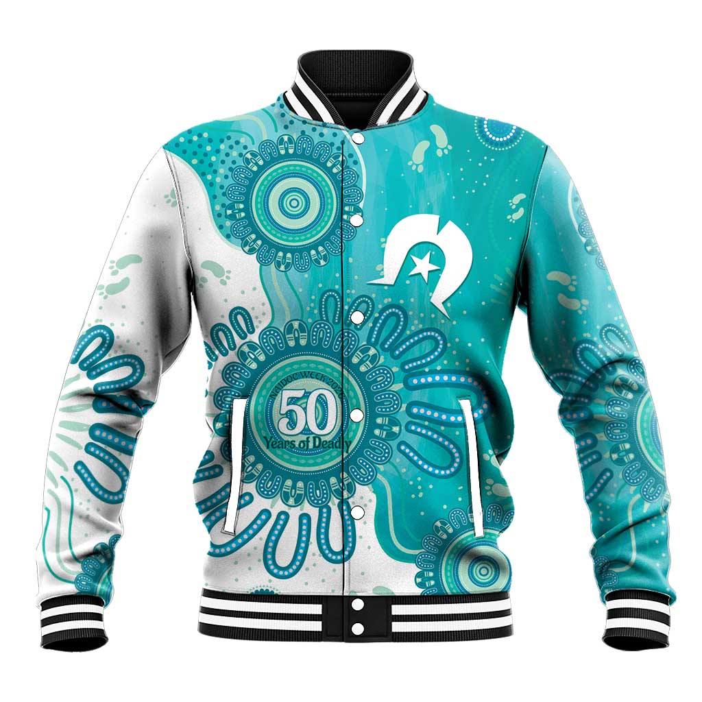 NAIDOC Week 2026 Baseball Jacket 50 Years Deadly Dhari Cyan Aboriginal Art