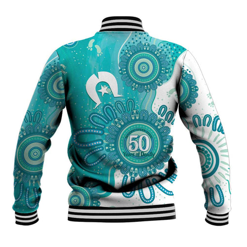 NAIDOC Week 2026 Baseball Jacket 50 Years Deadly Dhari Cyan Aboriginal Art