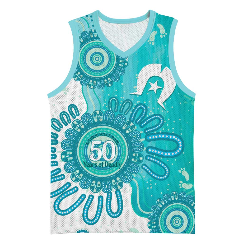 NAIDOC Week 2026 Basketball Jersey 50 Years Deadly Dhari Cyan Aboriginal Art