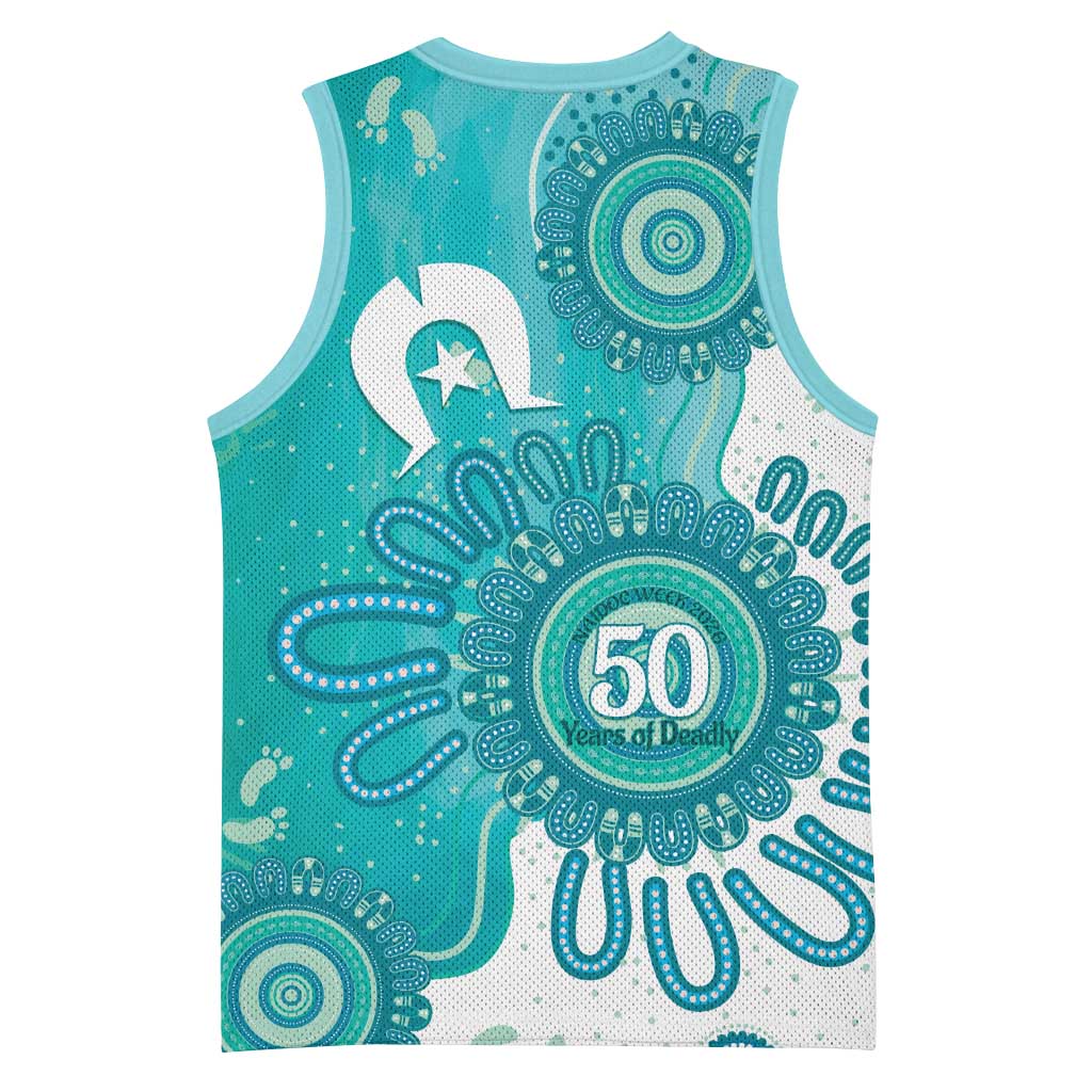 NAIDOC Week 2026 Basketball Jersey 50 Years Deadly Dhari Cyan Aboriginal Art