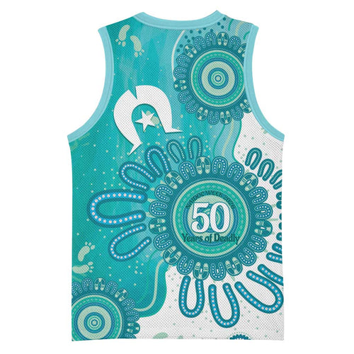 NAIDOC Week 2026 Basketball Jersey 50 Years Deadly Dhari Cyan Aboriginal Art