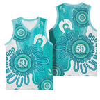 NAIDOC Week 2026 Basketball Jersey 50 Years Deadly Dhari Cyan Aboriginal Art