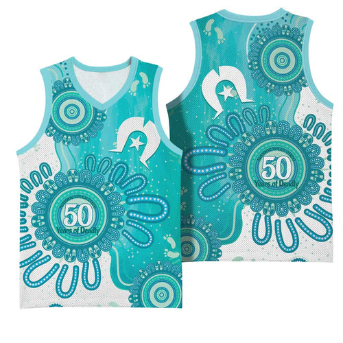 NAIDOC Week 2026 Basketball Jersey 50 Years Deadly Dhari Cyan Aboriginal Art