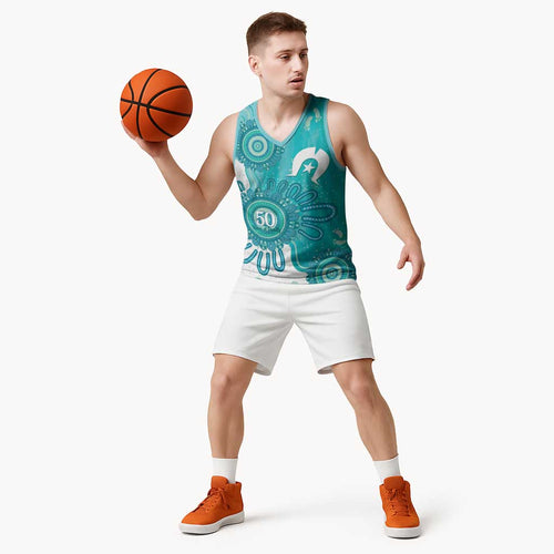 NAIDOC Week 2026 Basketball Jersey 50 Years Deadly Dhari Cyan Aboriginal Art