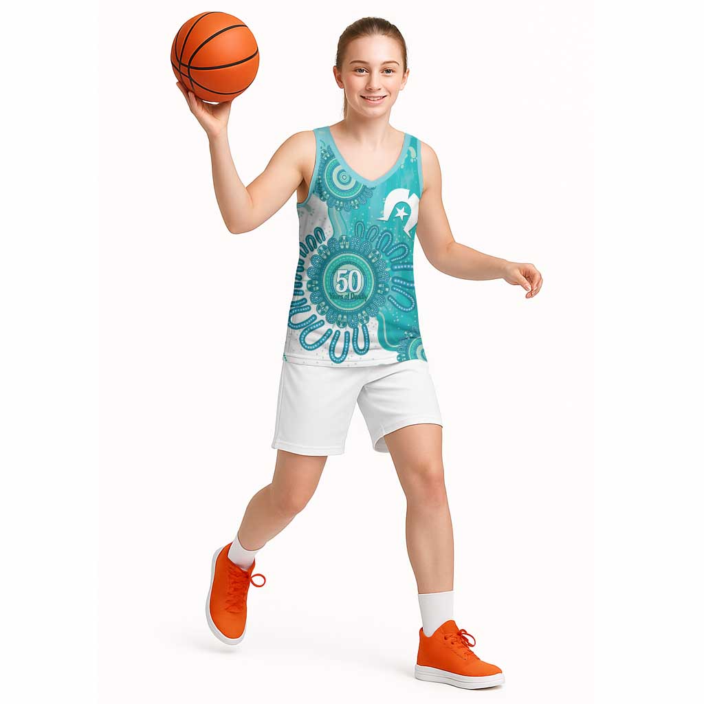 NAIDOC Week 2026 Basketball Jersey 50 Years Deadly Dhari Cyan Aboriginal Art