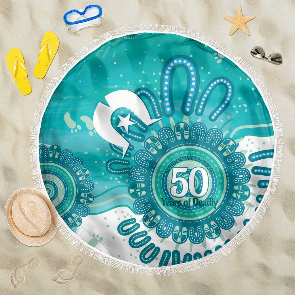 NAIDOC Week 2026 Beach Blanket 50 Years Deadly Dhari Cyan Aboriginal Art