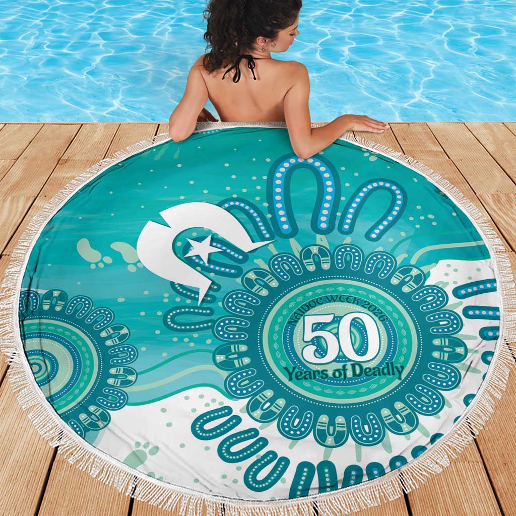 NAIDOC Week 2026 Beach Blanket 50 Years Deadly Dhari Cyan Aboriginal Art