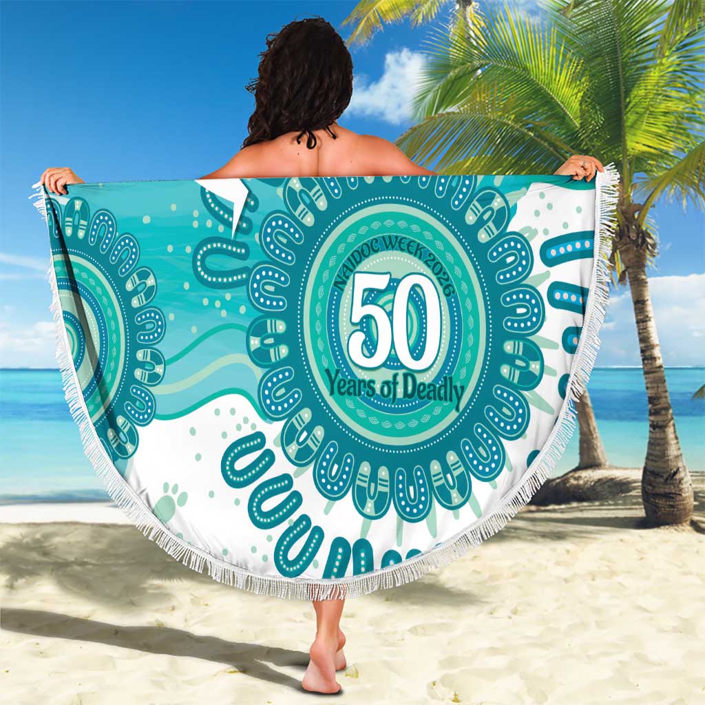 NAIDOC Week 2026 Beach Blanket 50 Years Deadly Dhari Cyan Aboriginal Art