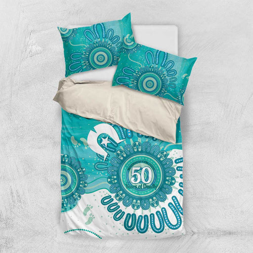 NAIDOC Week 2026 Bedding Set 50 Years Deadly Dhari Cyan Aboriginal Art