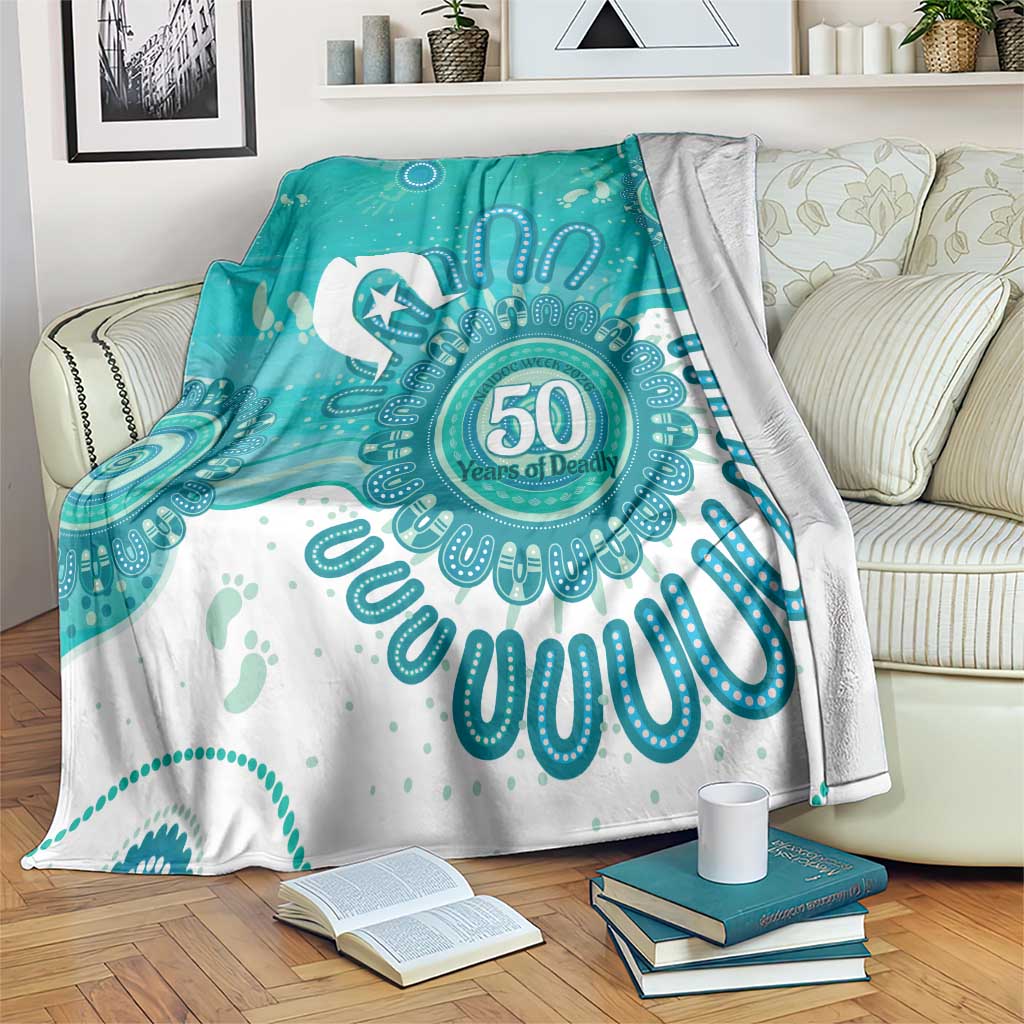 NAIDOC Week 2026 Blanket 50 Years Deadly Dhari Cyan Aboriginal Art