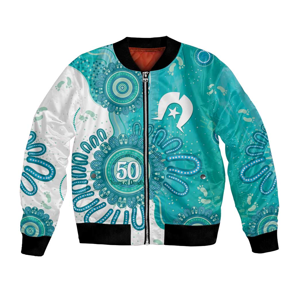 NAIDOC Week 2026 Bomber Jacket 50 Years Deadly Dhari Cyan Aboriginal Art
