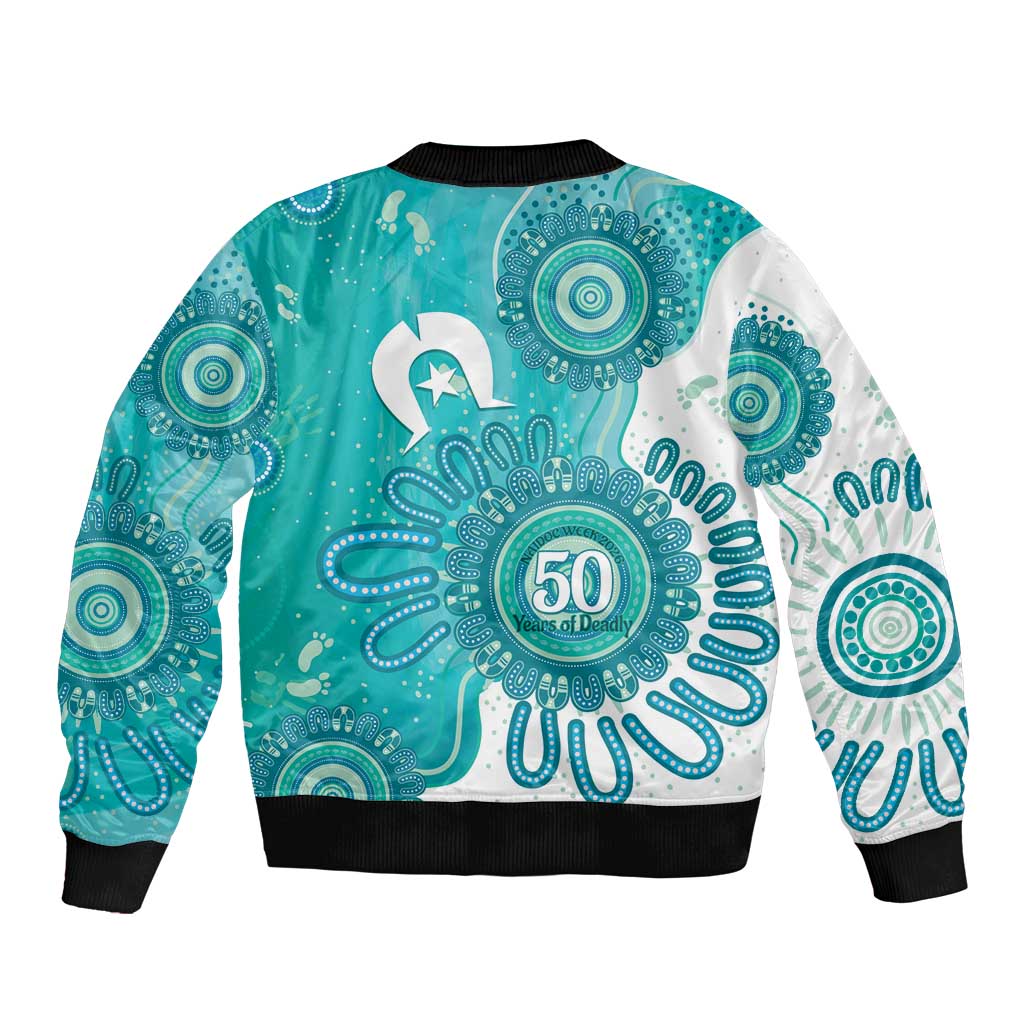 NAIDOC Week 2026 Bomber Jacket 50 Years Deadly Dhari Cyan Aboriginal Art