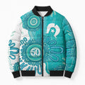 NAIDOC Week 2026 Bomber Puffer Jacket 50 Years Deadly Dhari Cyan Aboriginal Art