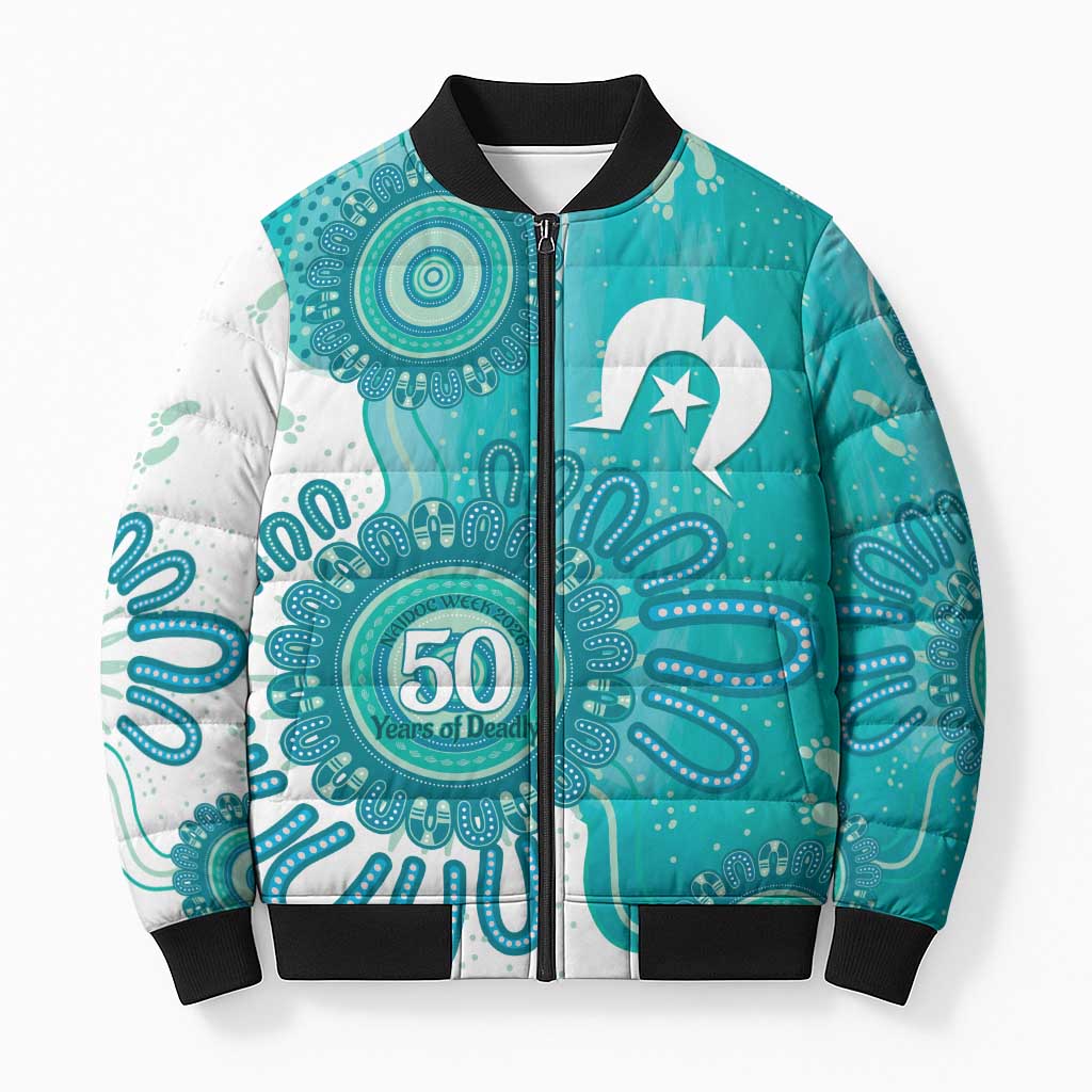 NAIDOC Week 2026 Bomber Puffer Jacket 50 Years Deadly Dhari Cyan Aboriginal Art