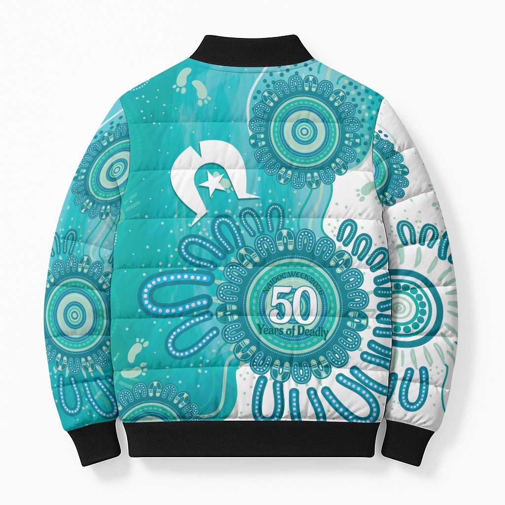 NAIDOC Week 2026 Bomber Puffer Jacket 50 Years Deadly Dhari Cyan Aboriginal Art