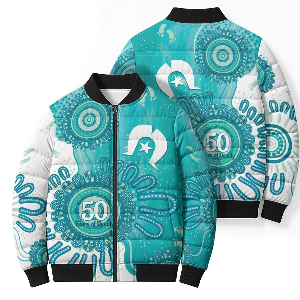 NAIDOC Week 2026 Bomber Puffer Jacket 50 Years Deadly Dhari Cyan Aboriginal Art