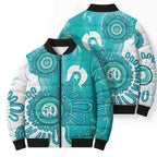 NAIDOC Week 2026 Bomber Puffer Jacket 50 Years Deadly Dhari Cyan Aboriginal Art