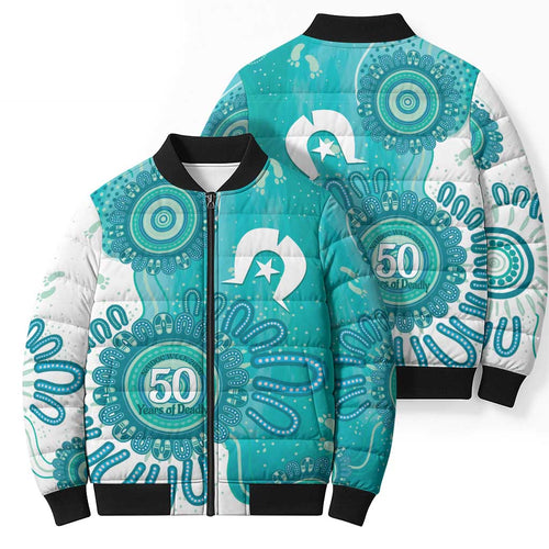 NAIDOC Week 2026 Bomber Puffer Jacket 50 Years Deadly Dhari Cyan Aboriginal Art