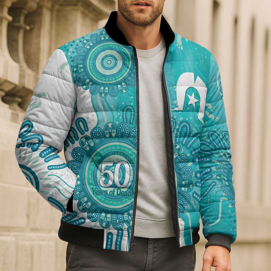 NAIDOC Week 2026 Bomber Puffer Jacket 50 Years Deadly Dhari Cyan Aboriginal Art