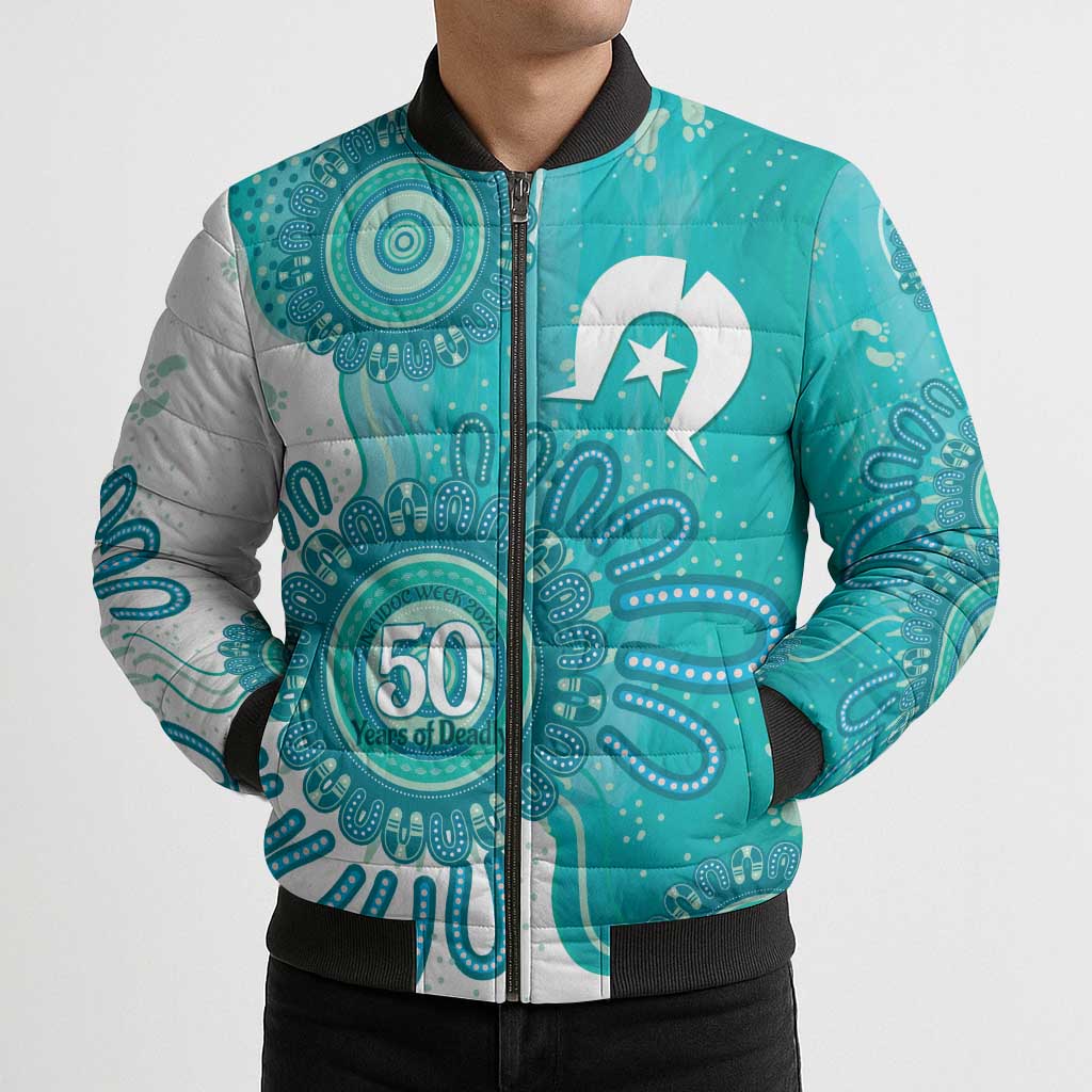 NAIDOC Week 2026 Bomber Puffer Jacket 50 Years Deadly Dhari Cyan Aboriginal Art