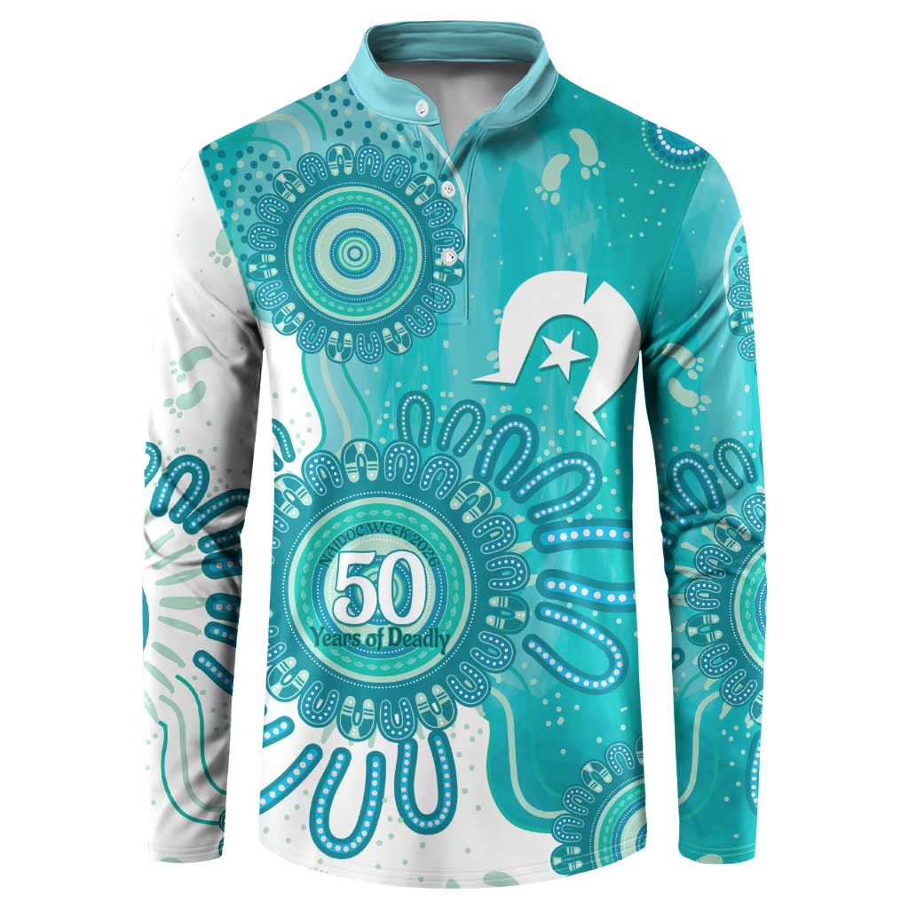 NAIDOC Week 2026 Button Sweatshirt 50 Years Deadly Dhari Cyan Aboriginal Art