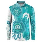 NAIDOC Week 2026 Button Sweatshirt 50 Years Deadly Dhari Cyan Aboriginal Art