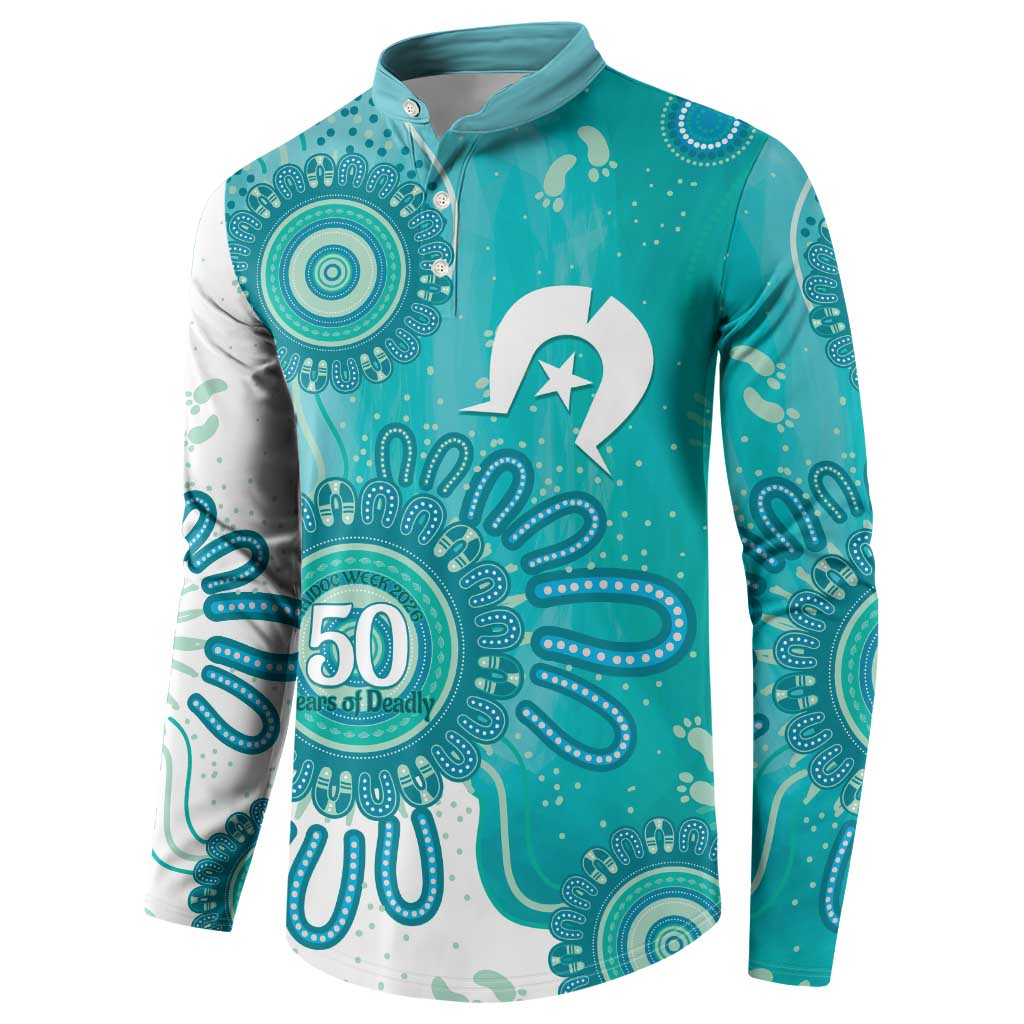 NAIDOC Week 2026 Button Sweatshirt 50 Years Deadly Dhari Cyan Aboriginal Art