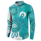 NAIDOC Week 2026 Button Sweatshirt 50 Years Deadly Dhari Cyan Aboriginal Art
